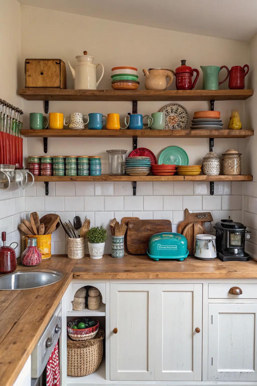 Exposed shelving offers practical storage and personal expression.