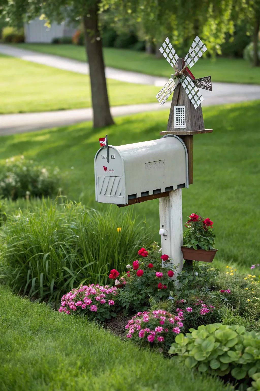 A fun wind turbine atop a mailbox provides a dynamic touch to the design.