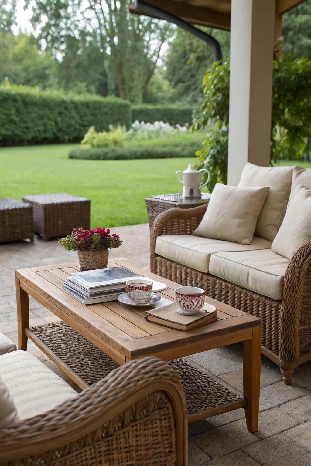 Padded wicker seating adds coziness and style.