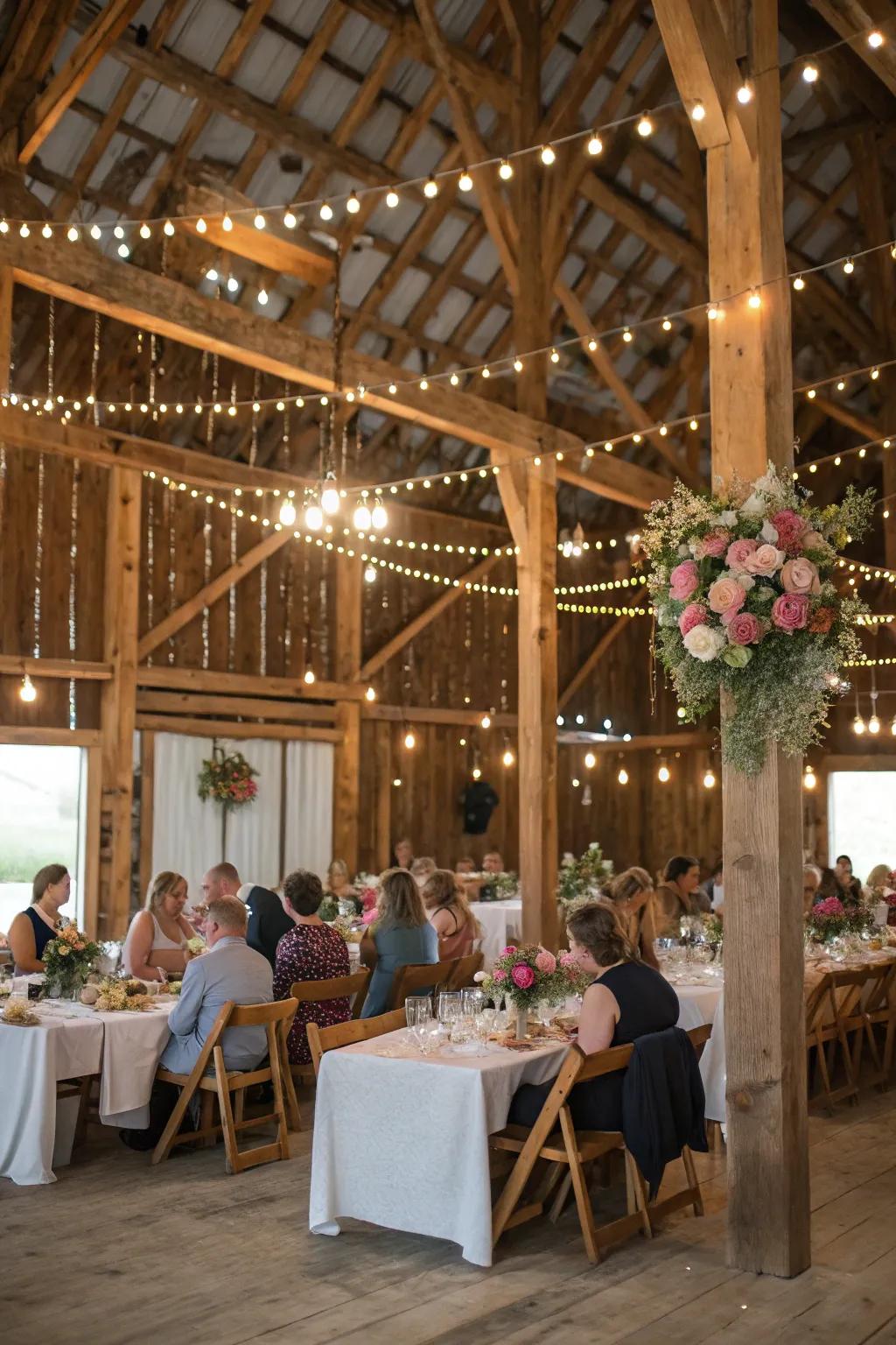 A wedding gathering conducted in a charming unrefined barn with visible timber beams.