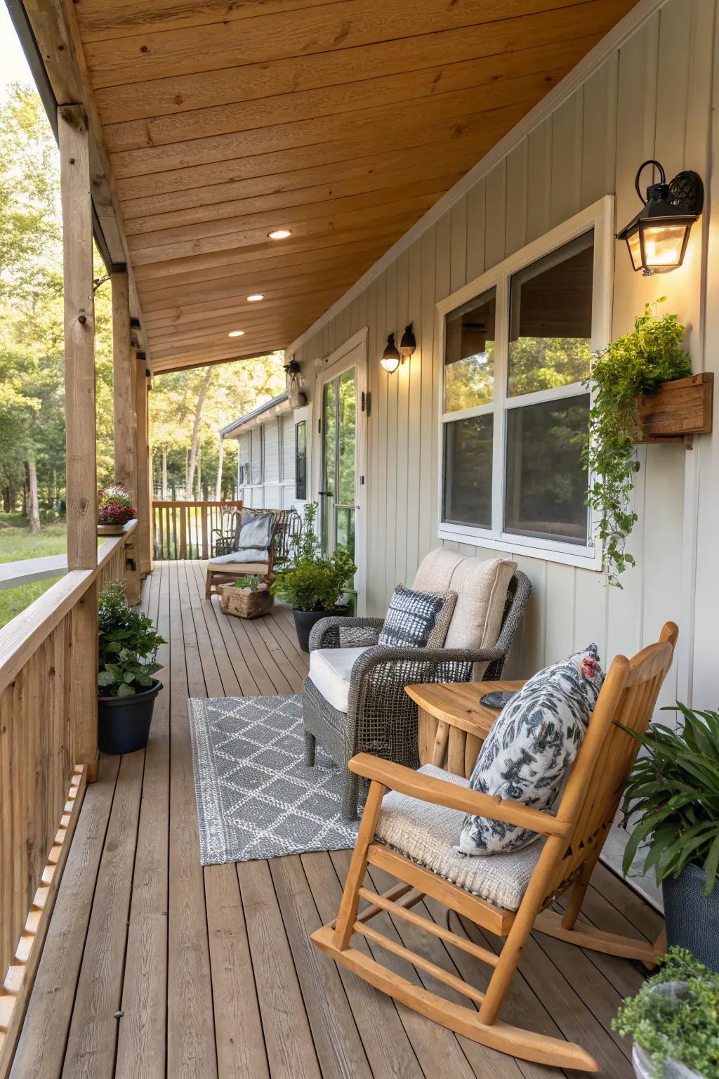 Wood flooring delivers a warm and inviting base for your porch.