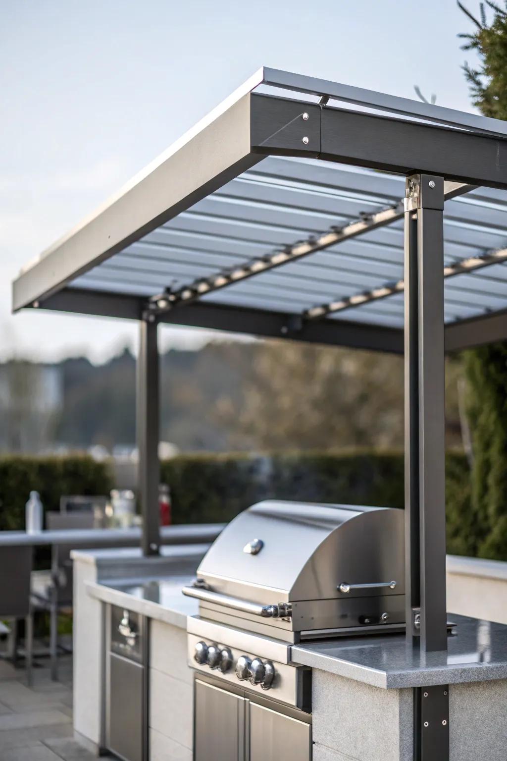 A polished, simple metal shade providing a stylish cover for a grill.