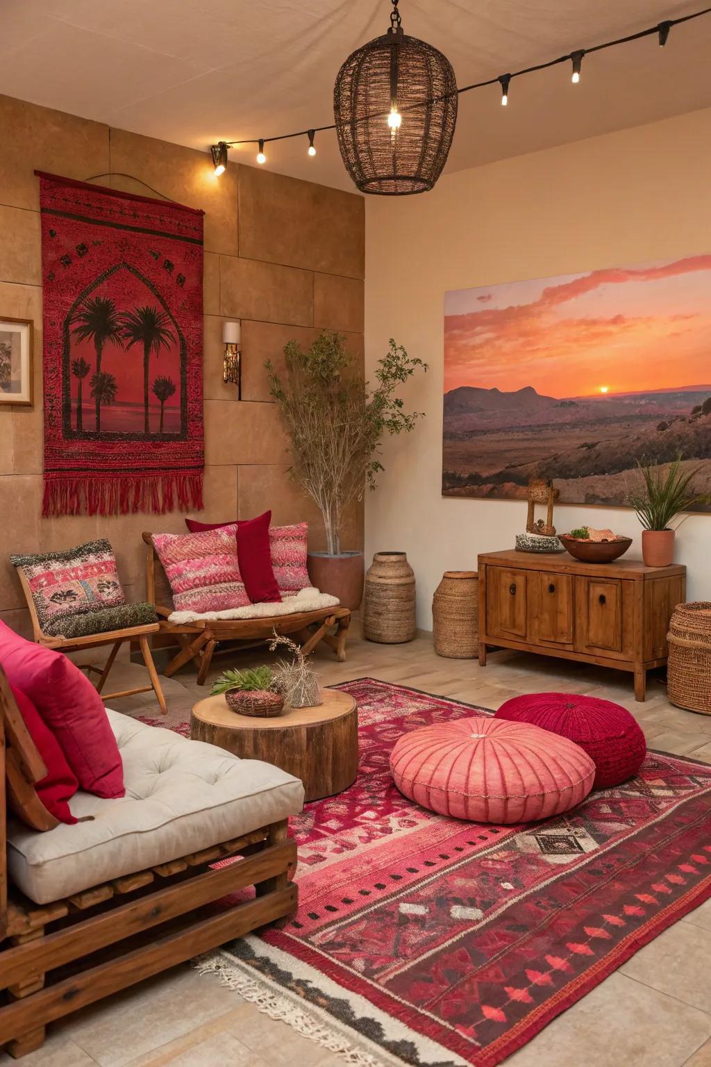Natural tones with vibrant accents create a cozy atmosphere.