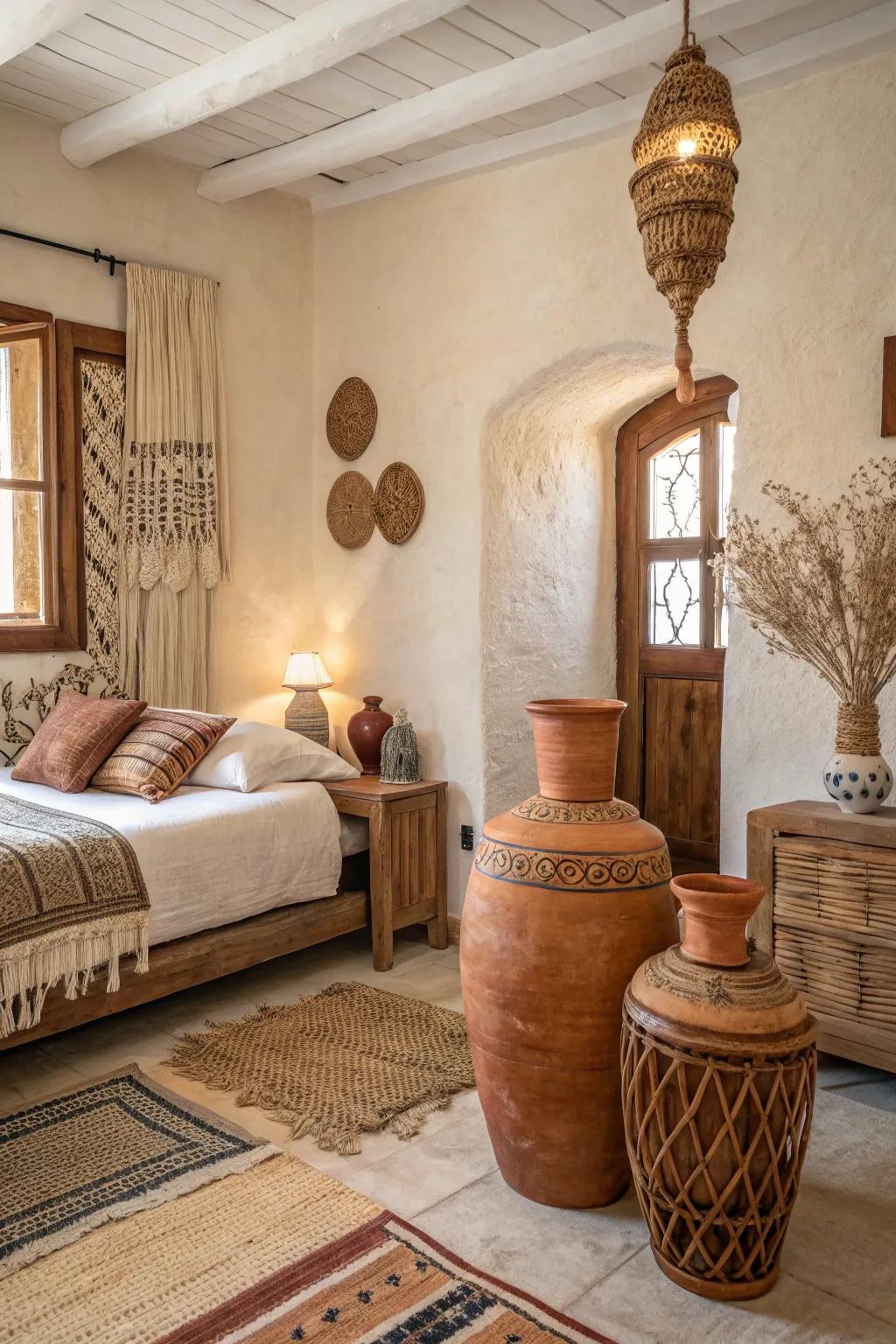 A bedroom enhanced by natural clay vases and warm-toned decorations.