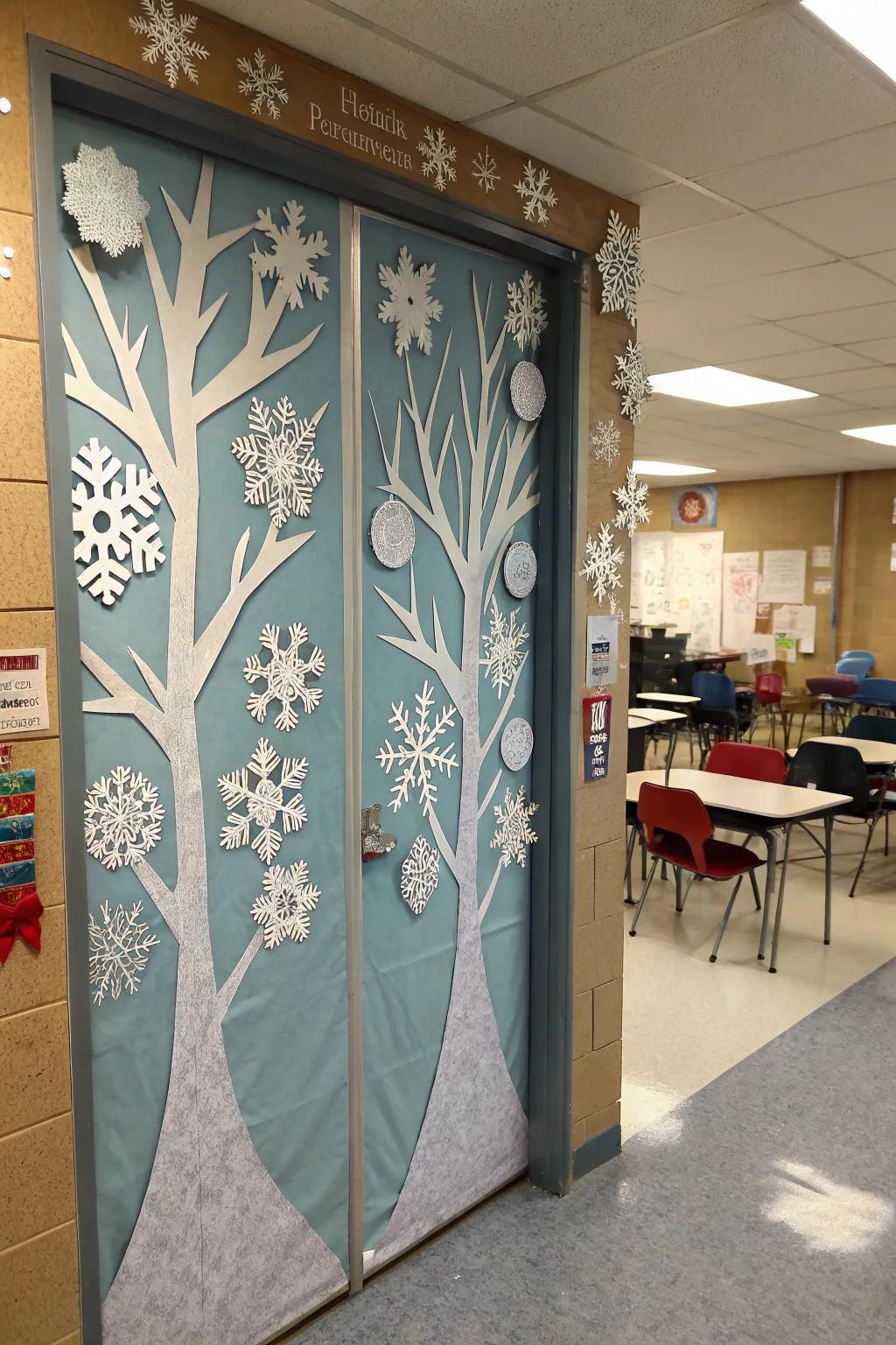A classroom door transformed into a serene winter scene with ice crystals and frosty trees.