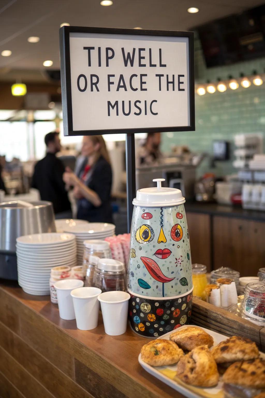 A tip container with a humorous consequence message