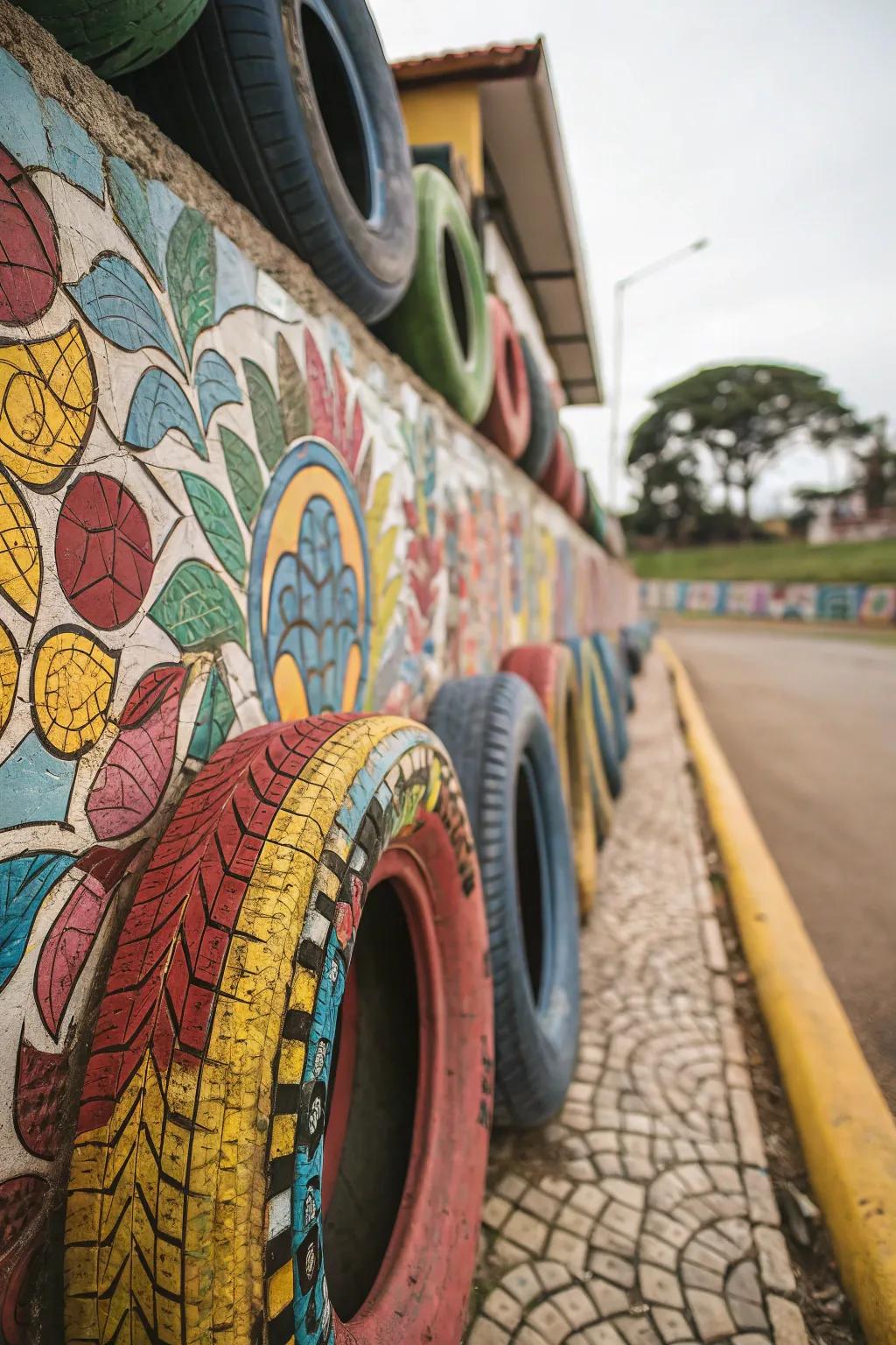 Artistic patterned accent wall employing painted tires as imaginative components.