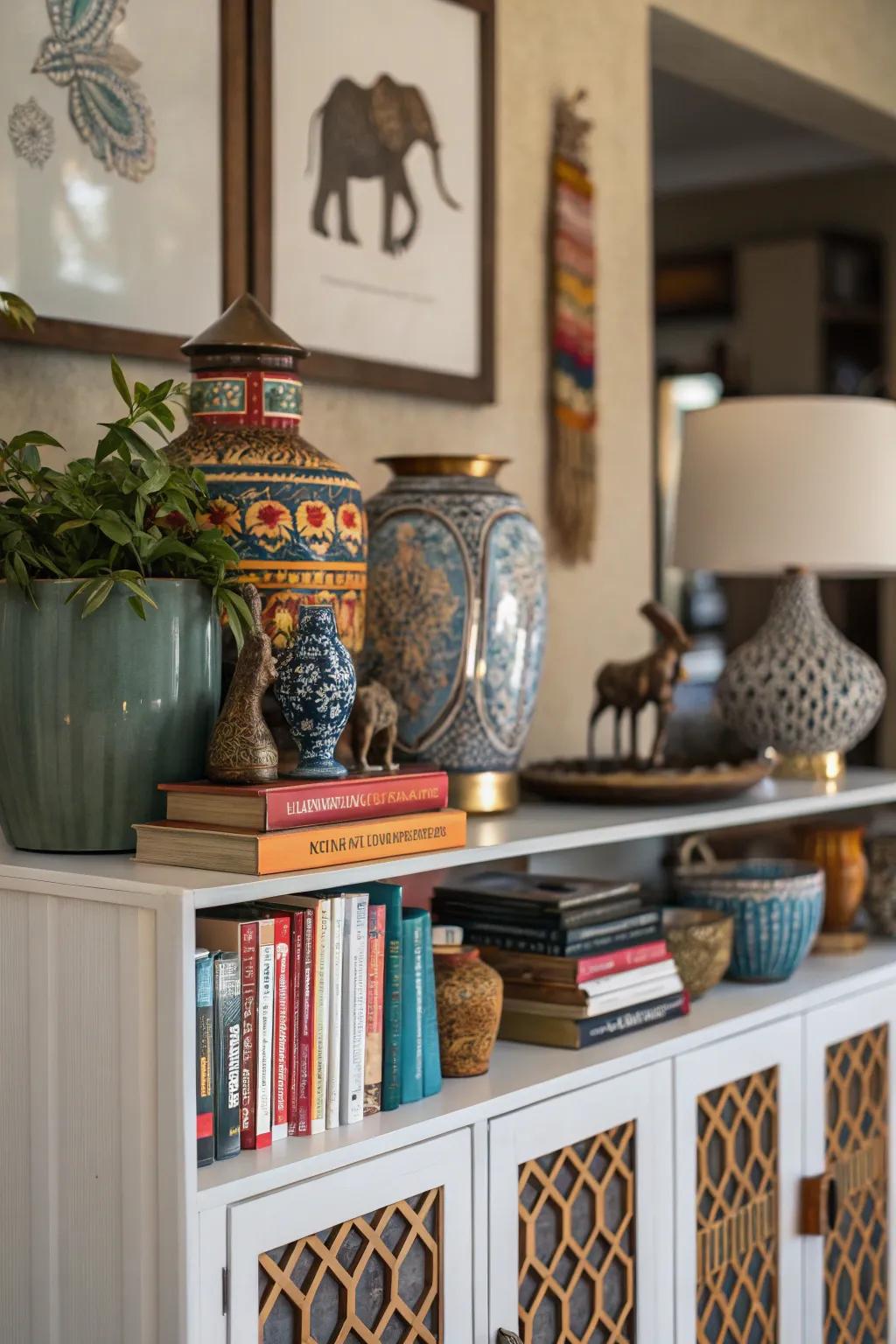 A sideboard styled using ornamental pieces for a personal touch.