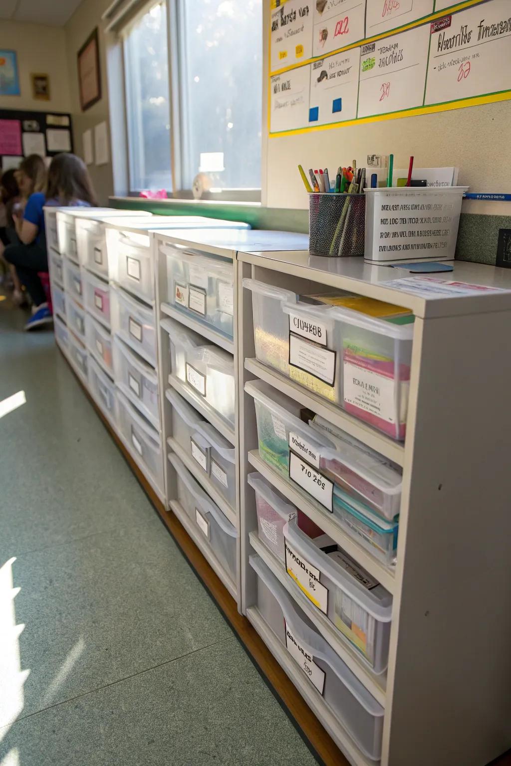Plastic drawers create efficient student stations.