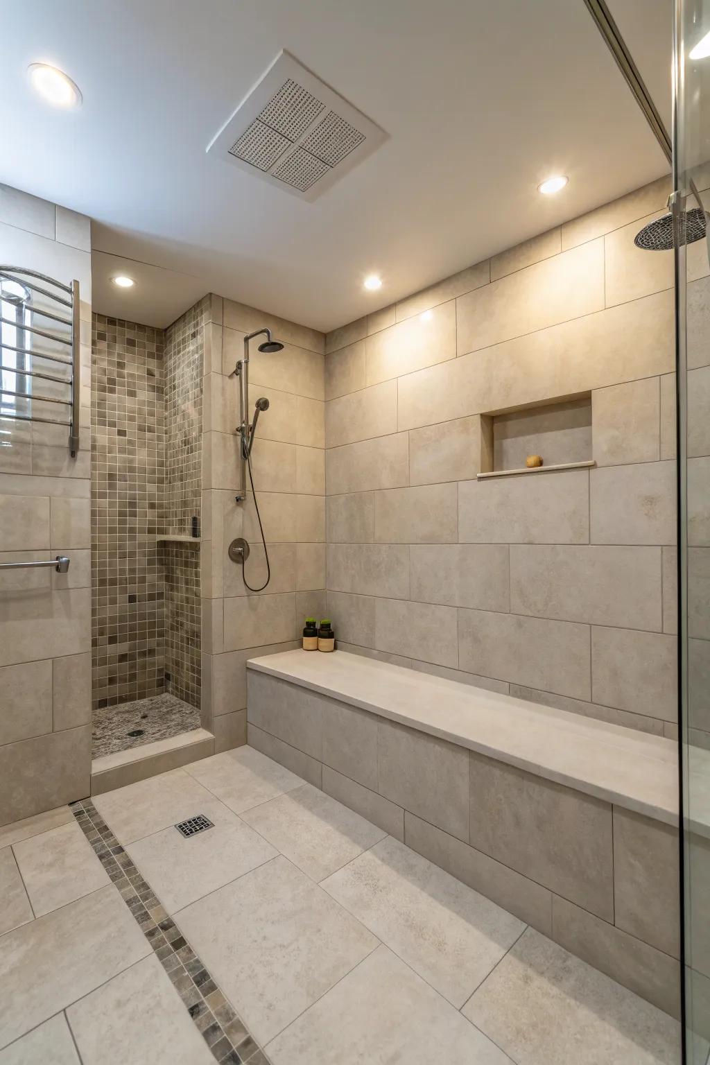 Understated hues create a peaceful and roomy impression in this shower without a curb.