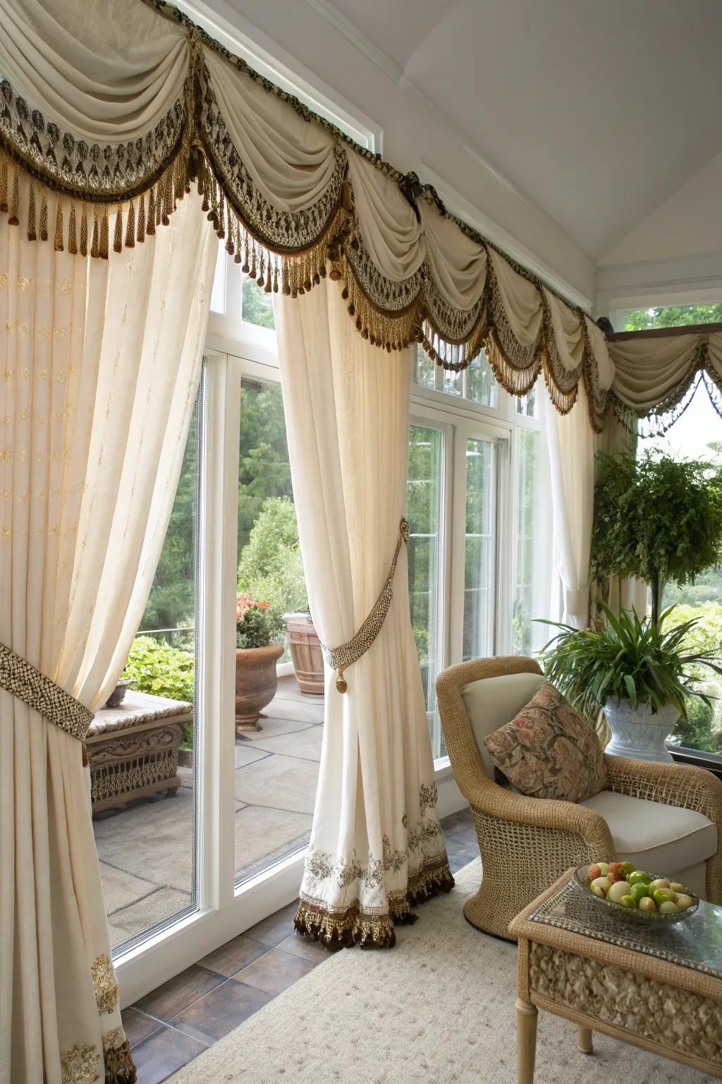 Bohemian style curtains featuring soft fringe trims.