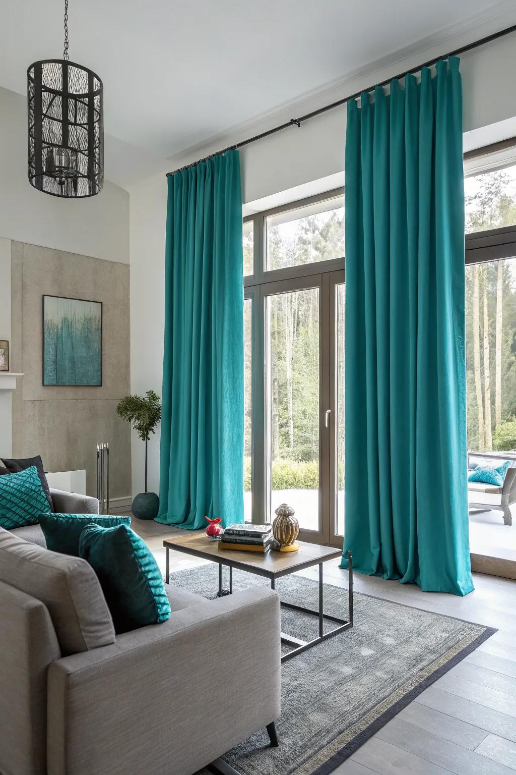 Striking window coverings can act as a lively center point in a neutral room.