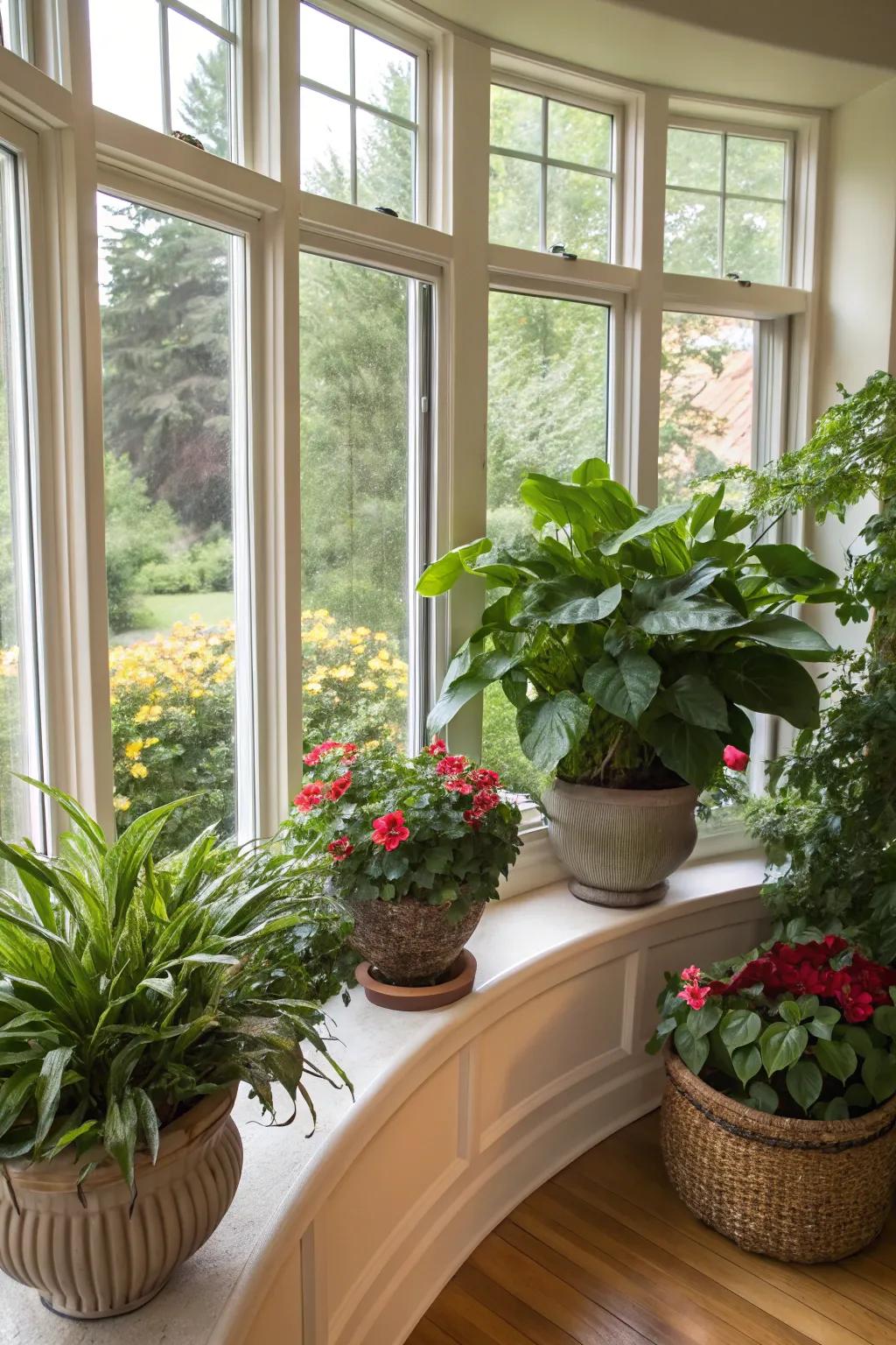 A rich indoor plant arrangement in an arched bay window.