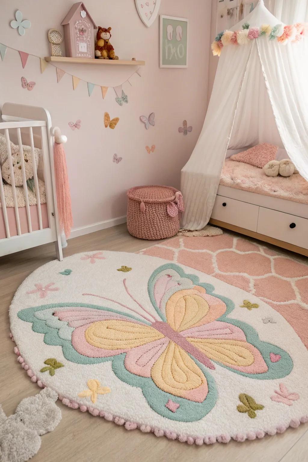 A butterfly-shaped rug brings a hint of enchantment to a child's room.