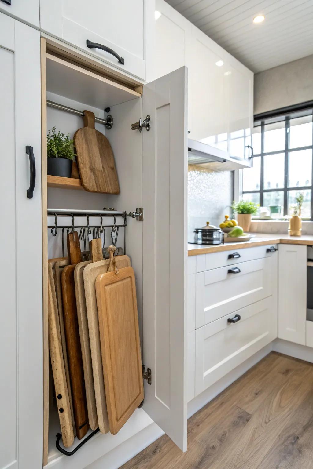 Chopping blocks stored inside the cabinet door.