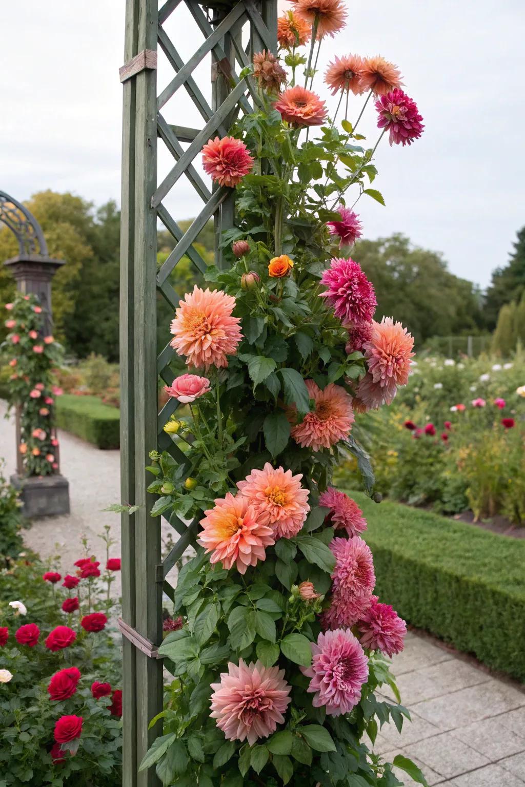 Dahlias ascending to new heights upon a garden climbing frame.