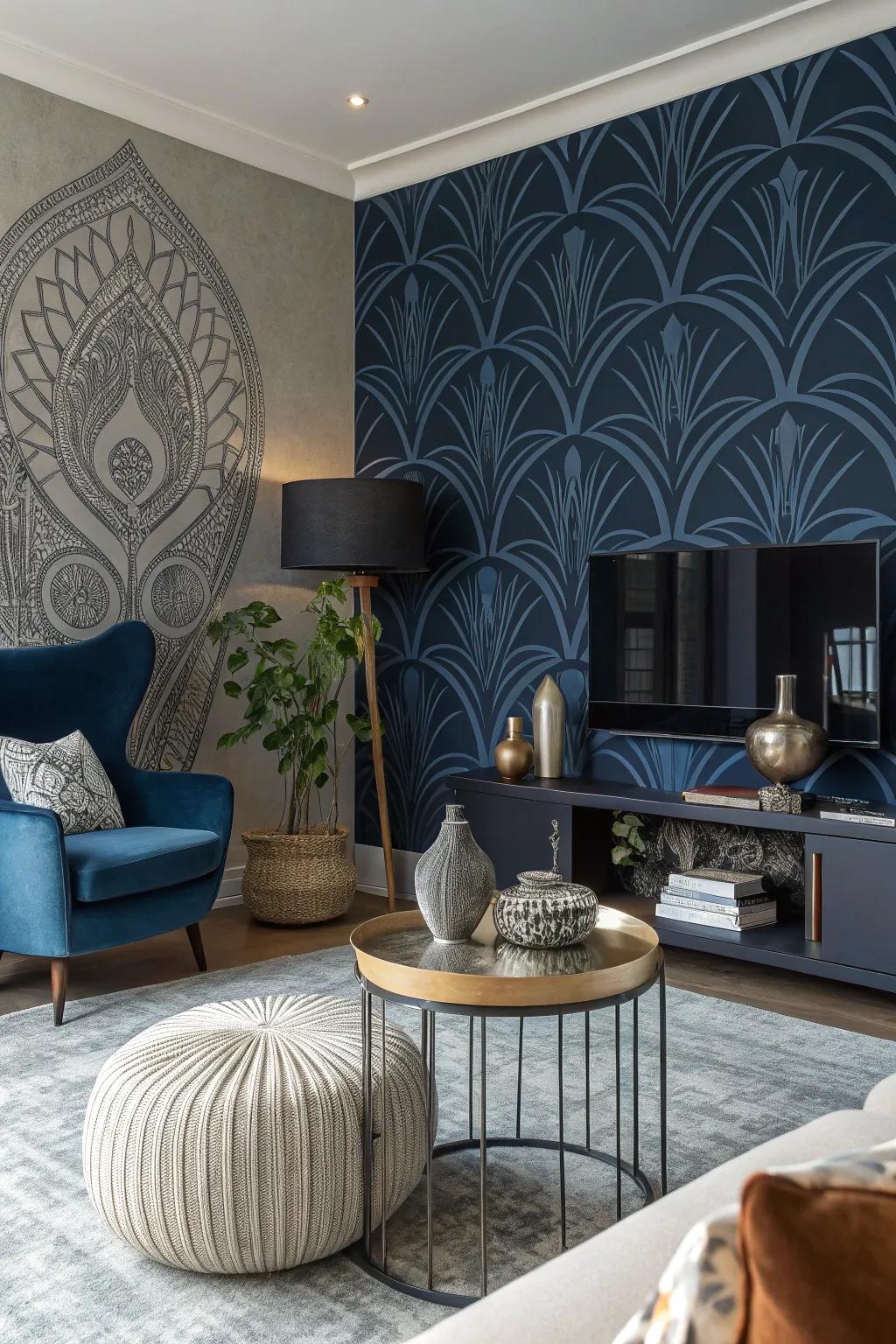 Abstract deep blue wall coverings for the art enthusiast within.