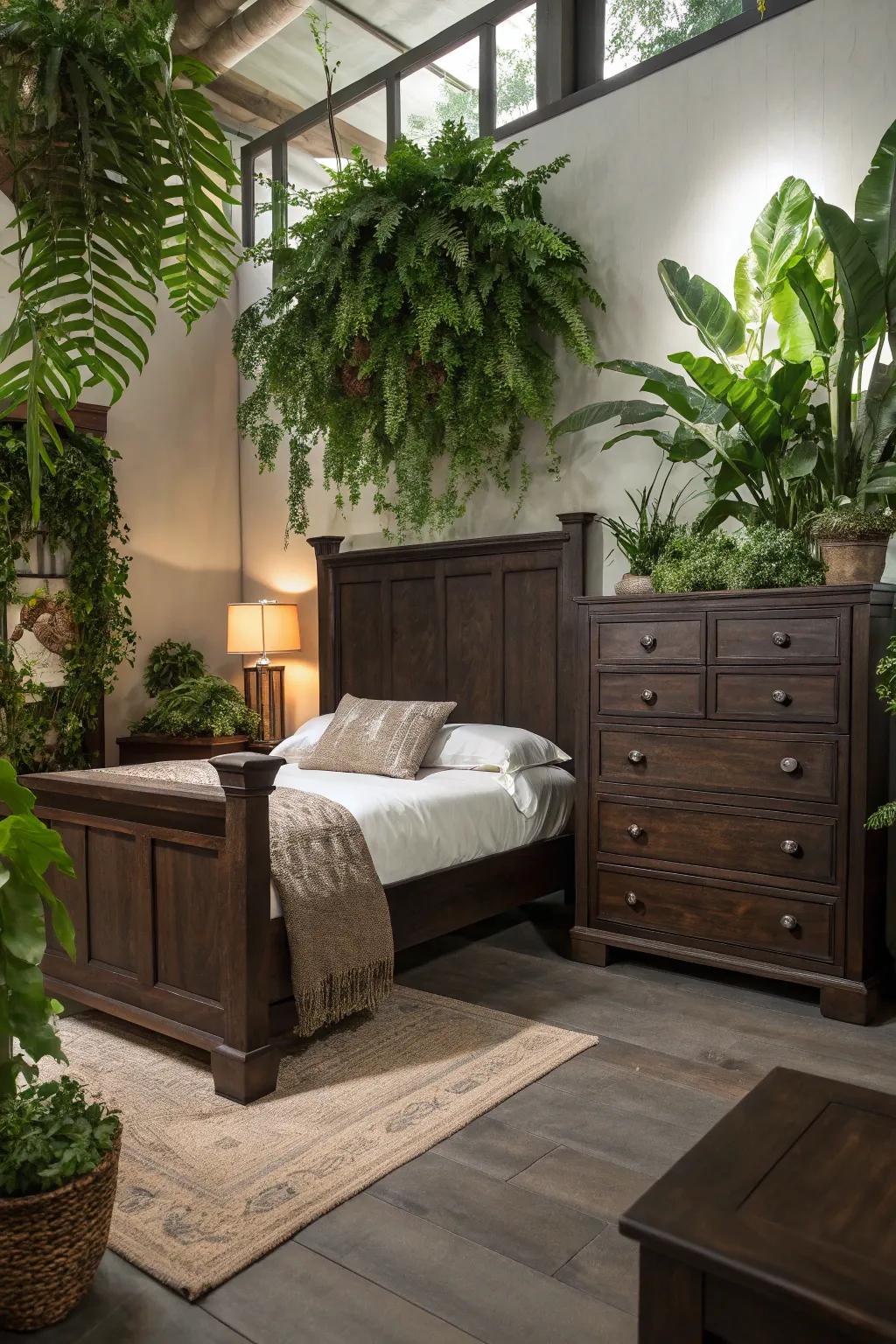 Greenery enhances the charm of a brown bedroom.