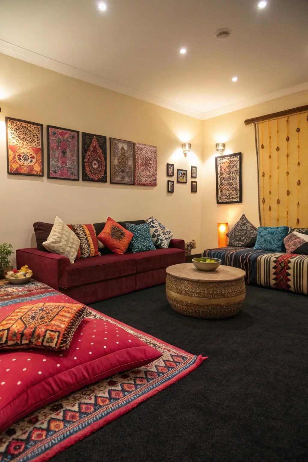 Bright decorations add life to a space with a dark floor covering.
