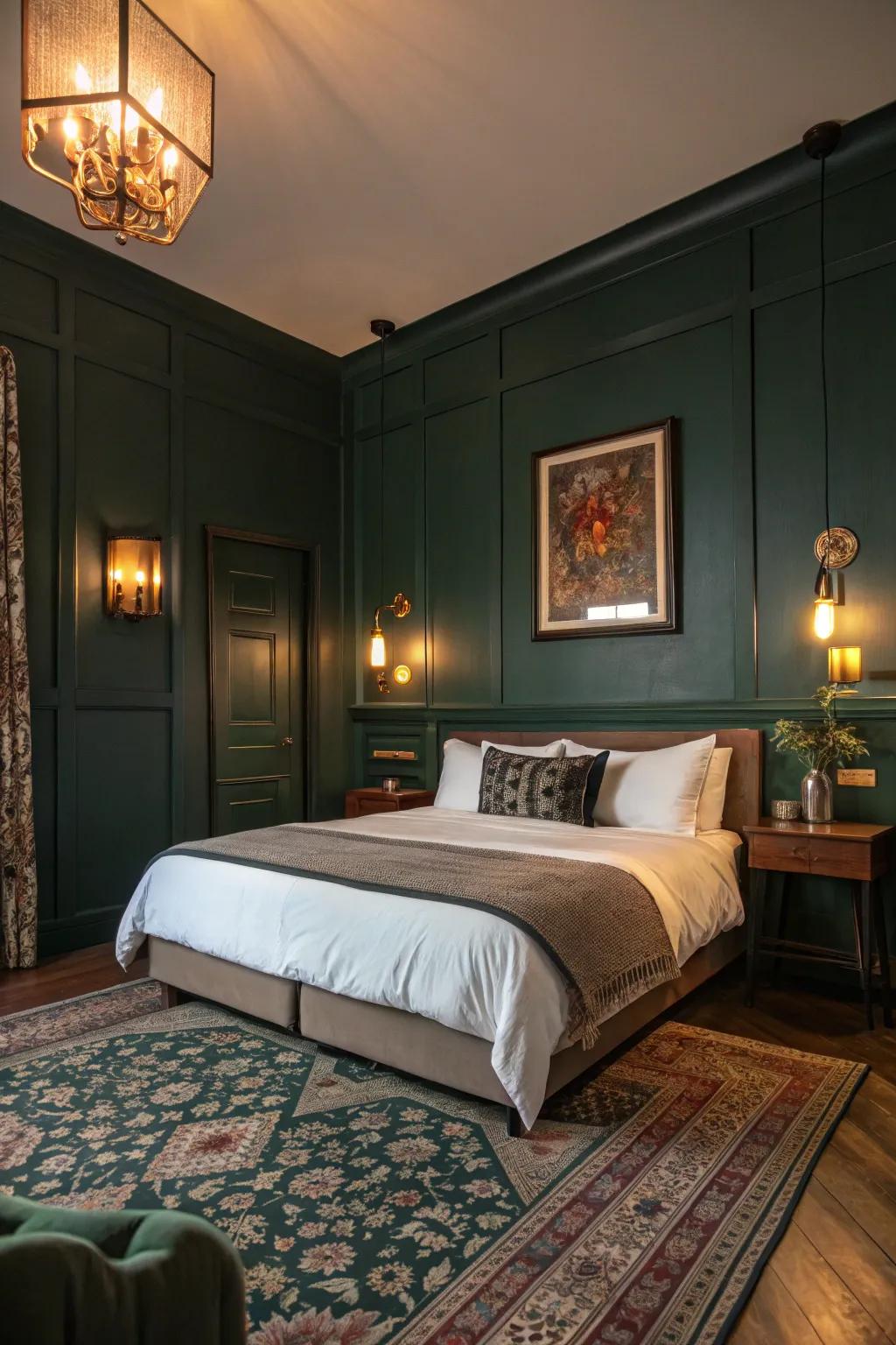 A bedroom with dark green walls illuminated by soft lighting fixtures.