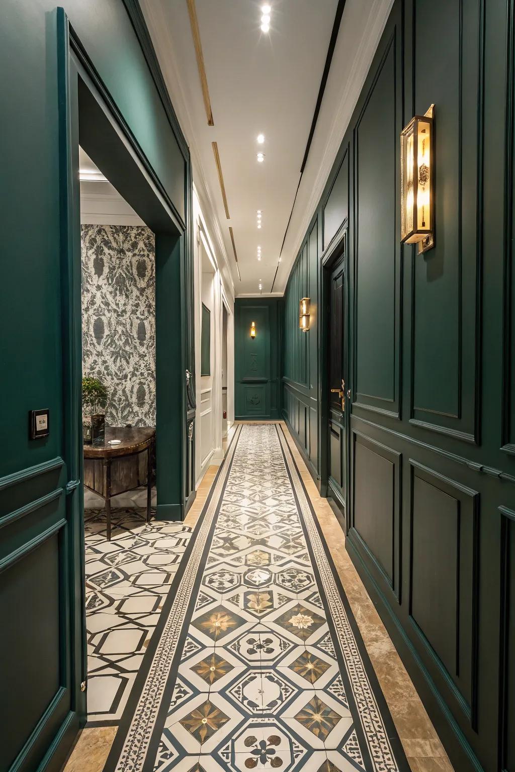 Geometric tiles add patterns to this deep green hallway.