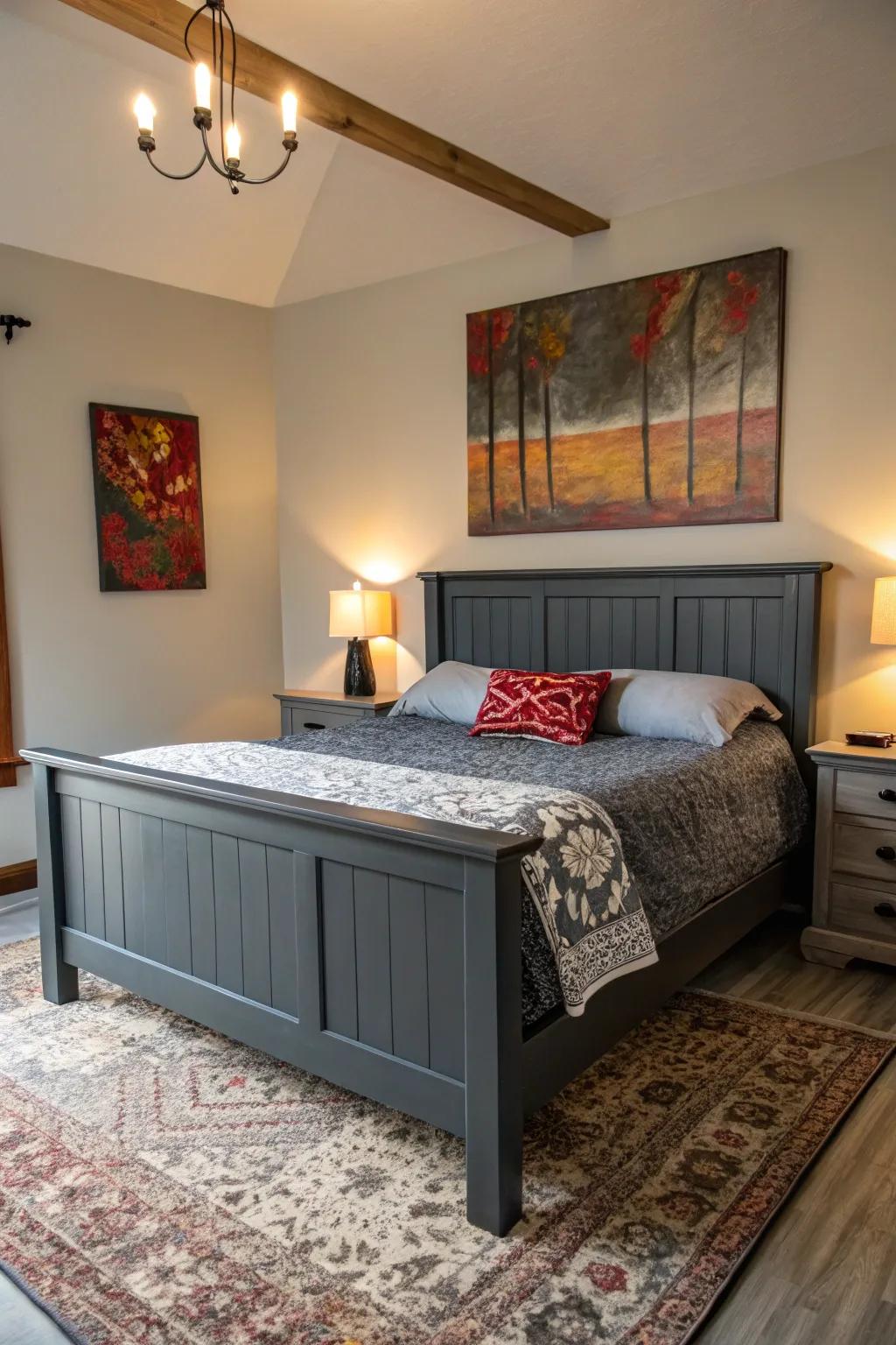 A bedroom featuring a dark grey bed frame enhanced with striking art.