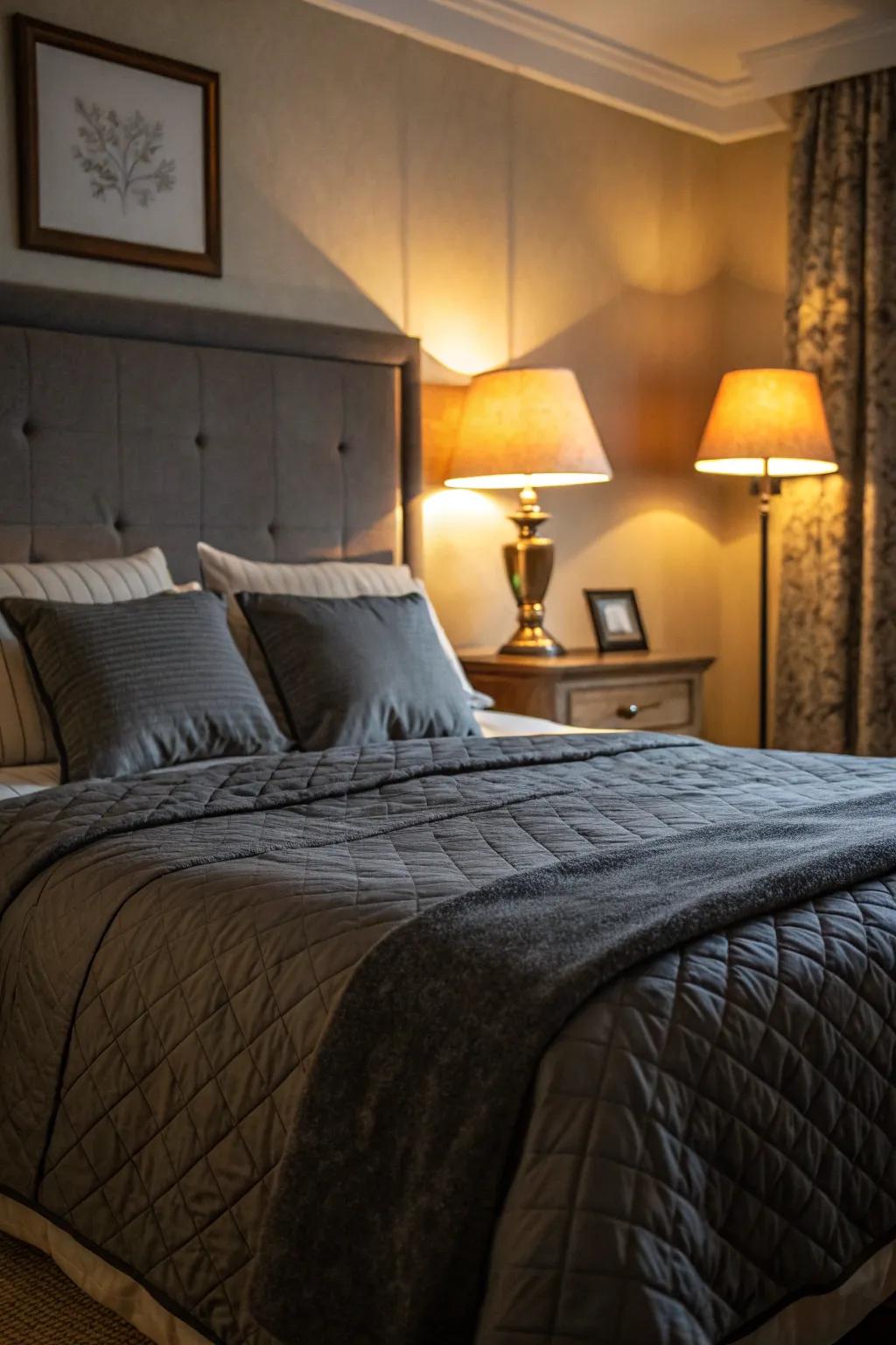 Charcoal bedding is made even more appealing by soft lighting.
