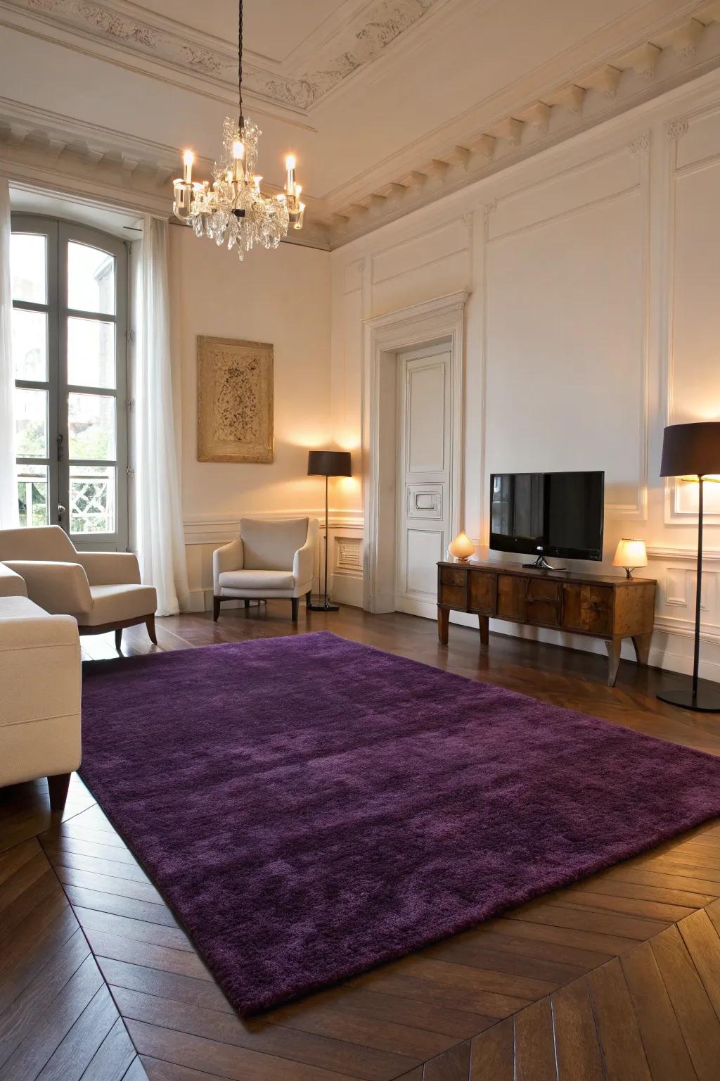 A deep violet floor covering introduces texture and cohesion to this minimalist lounge.
