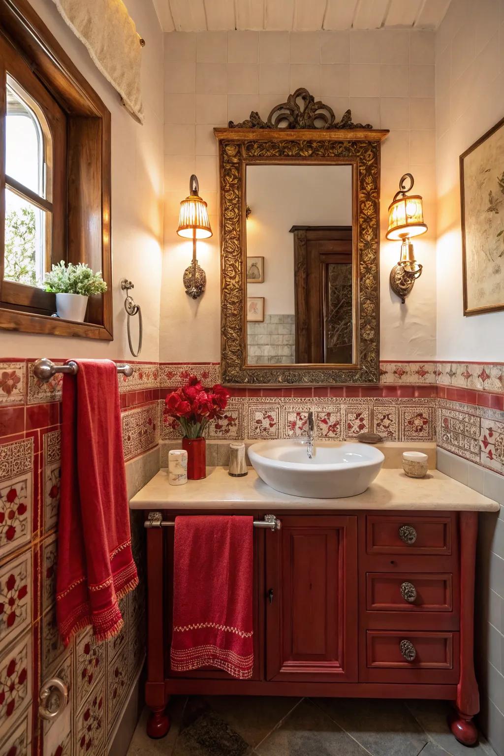 Classic red embellishments add nostalgia and charm to the bathroom.
