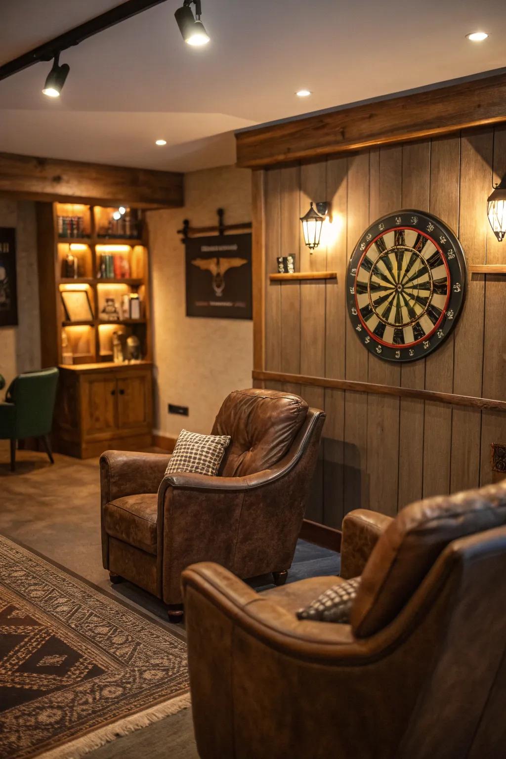 A personalized hangout featuring a dart board for leisure.