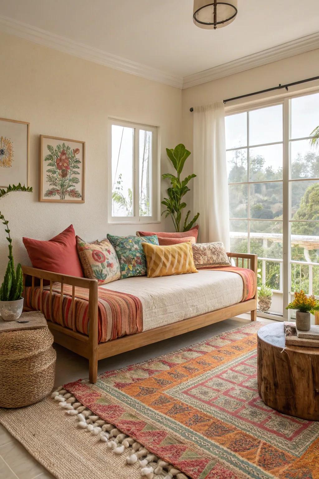 A colorful daybed brightens a neutral living room.