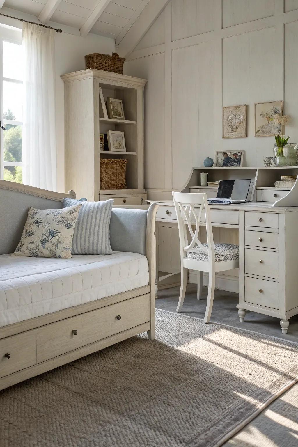 Soothing tones bring calm and spaciousness to a multifunctional room.