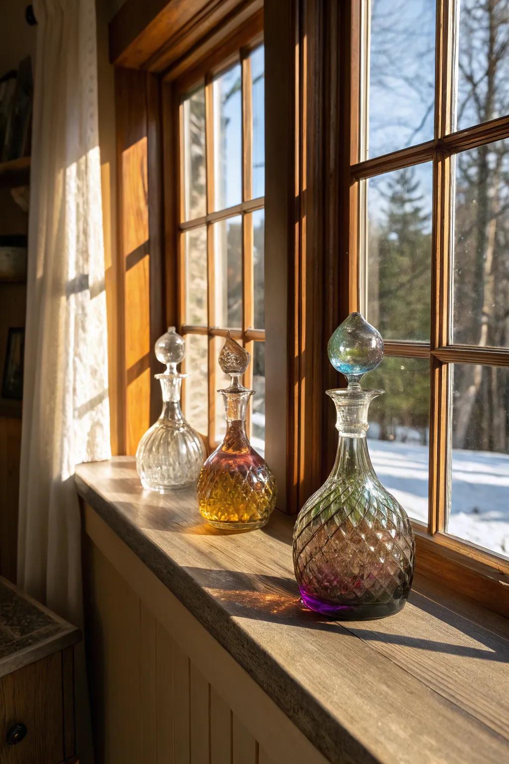 Glass vessels illuminated by sunlight on a windowsill.