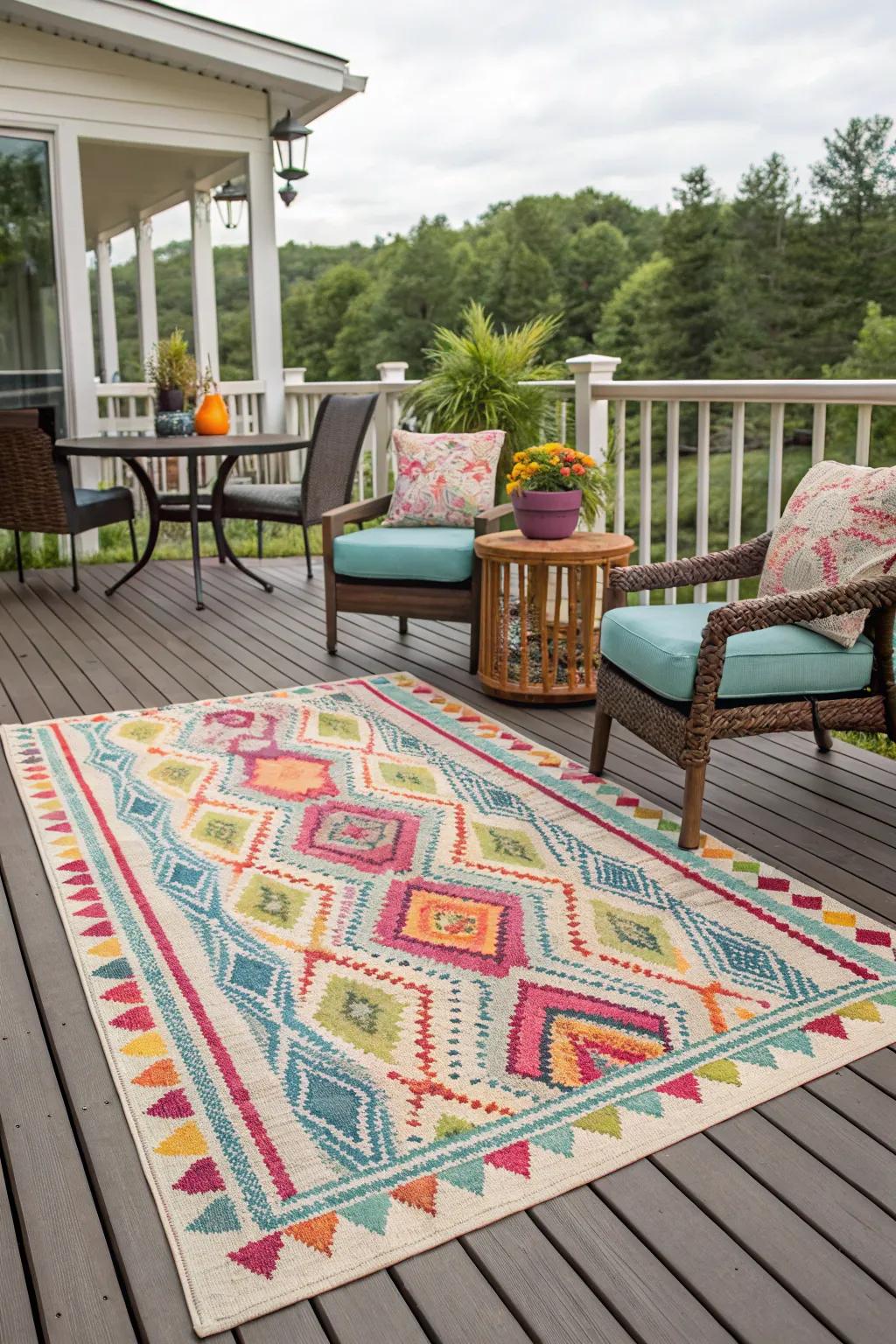 Elevate your deck with a striking outdoor rug.