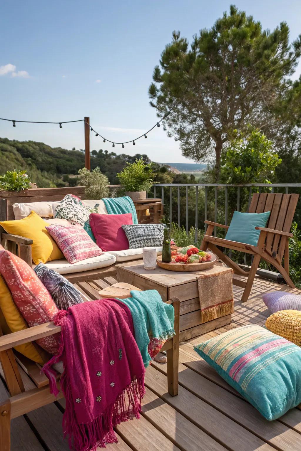 Comfortable fabrics add warmth, color, and coziness to your deck setting.