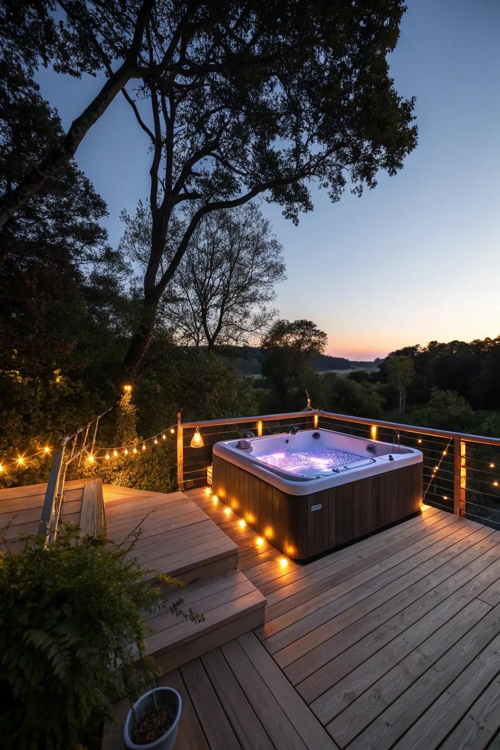 Appealing lighting enhances the atmosphere around the hot tub.