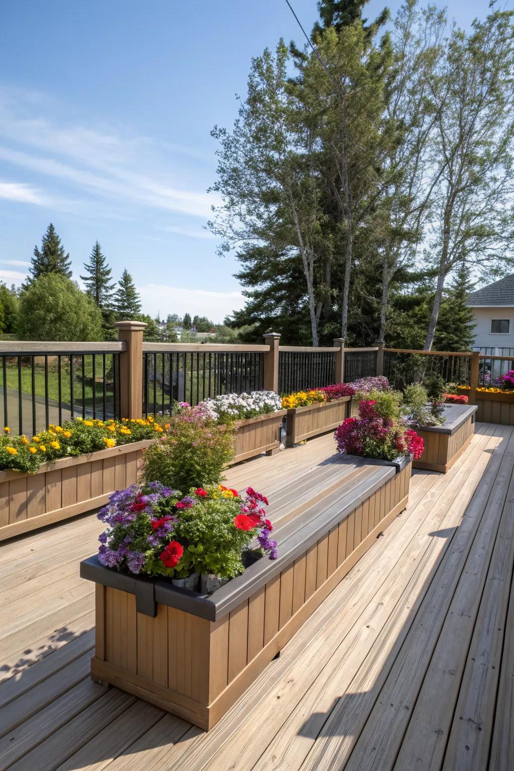In-built greenery beds on benches infuse nature directly into your deck.