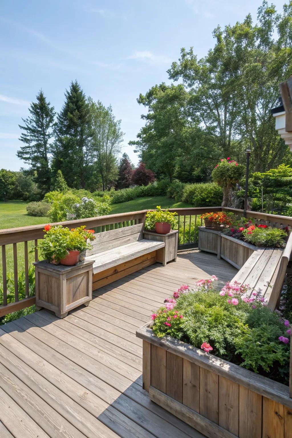 An inviting wraparound bench with plants.