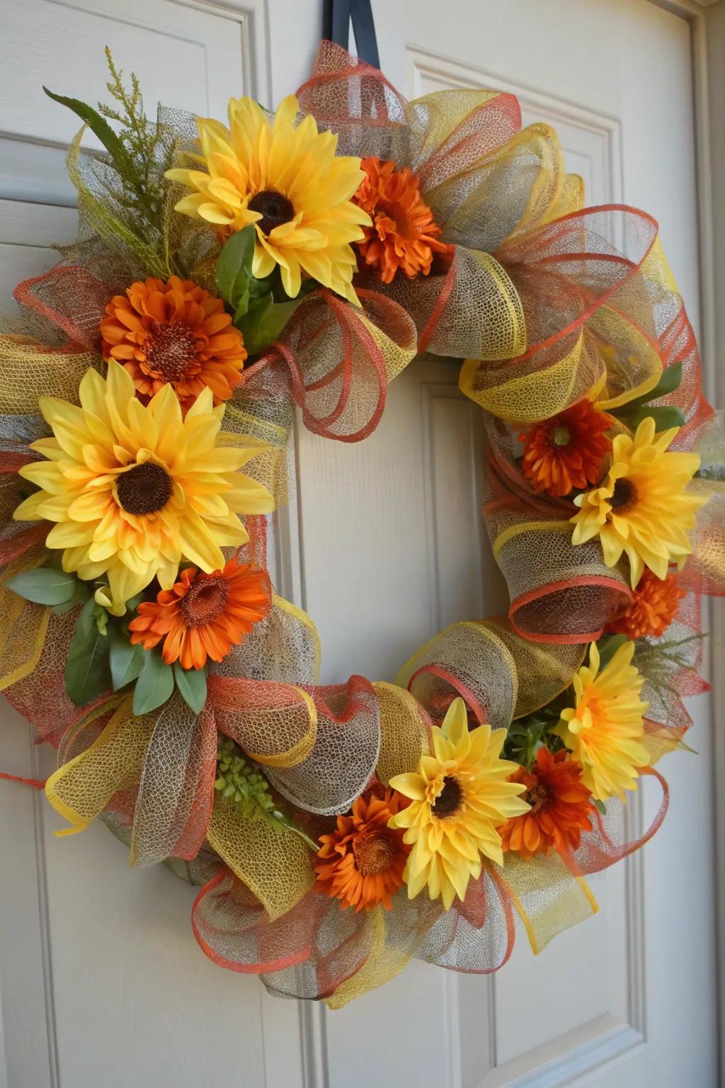 Radiant silk flowers emphasize the beauty of this deco mesh wreath.