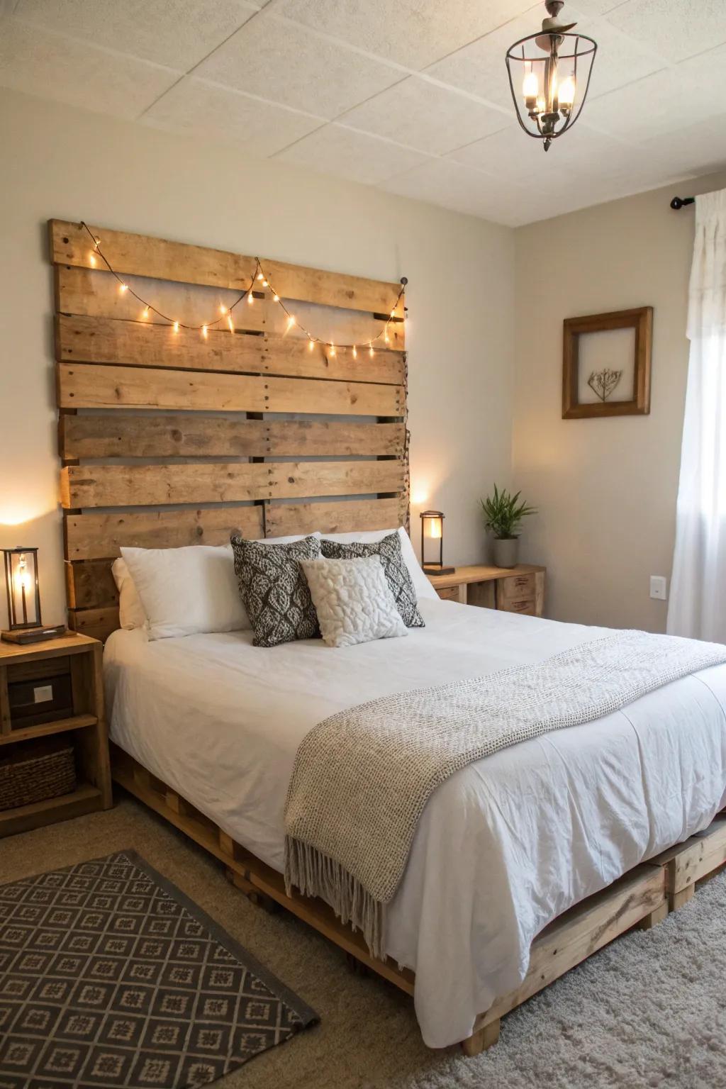 Enhance your bedroom's charm with a pallet headboard.