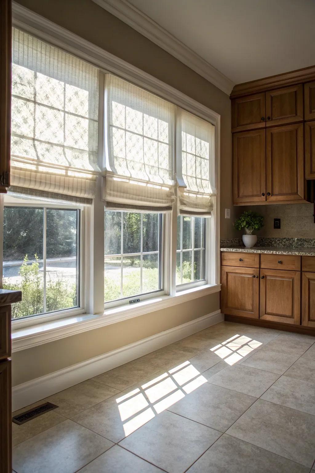 Sophisticated fabric blinds bring elegance to the kitchen.