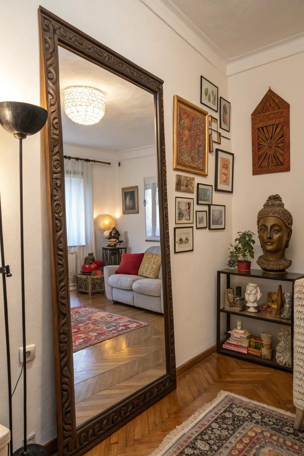 Looking glasses and art can visually broaden a room, adding depth and intrigue.