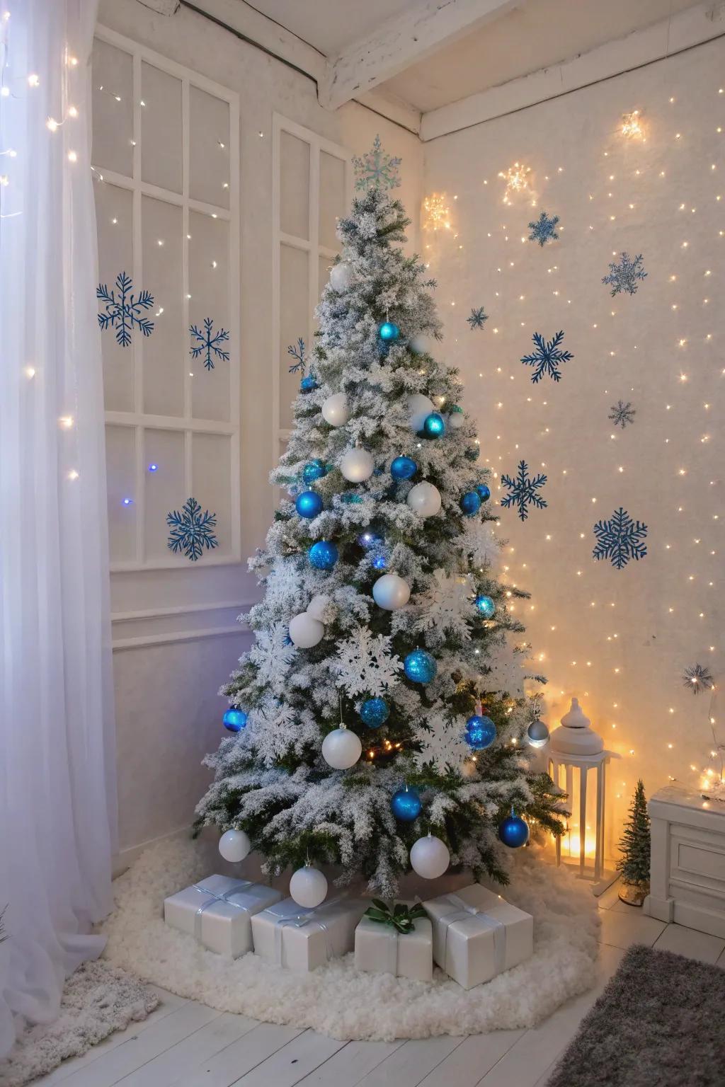 A winter-inspired Christmas tree with blue and white lights and snowflake decorations.