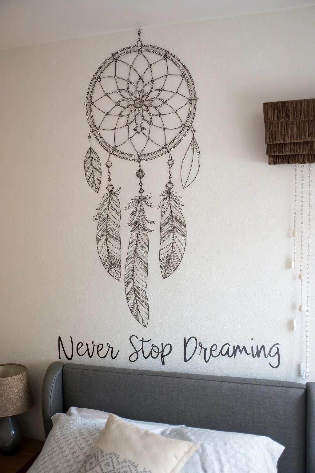 A bedroom wall showcasing a dreamcatcher drawing paired with an inspirational message.
