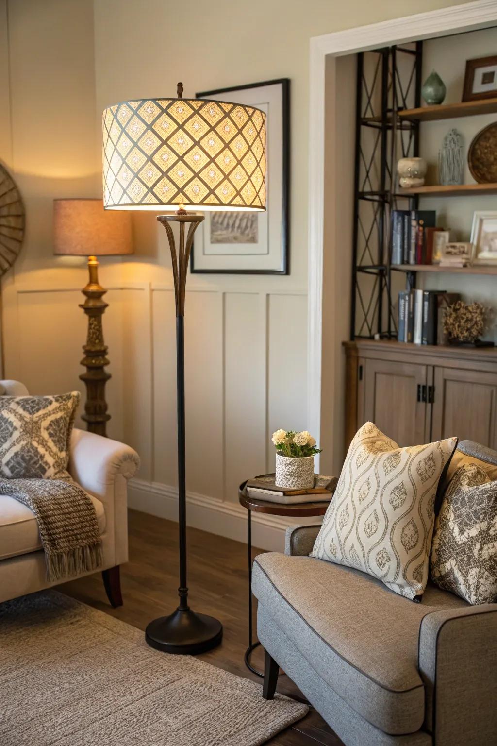 Enhance your corner with radiant lighting from a tall lamp.