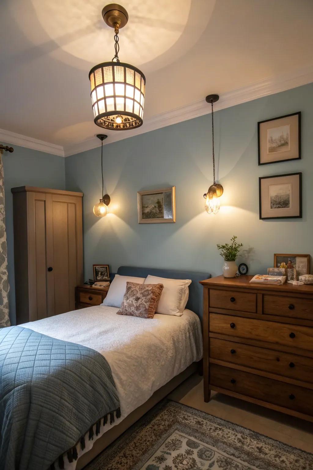 Layered lighting establishes a cozy and welcoming mood within a confined bedroom.