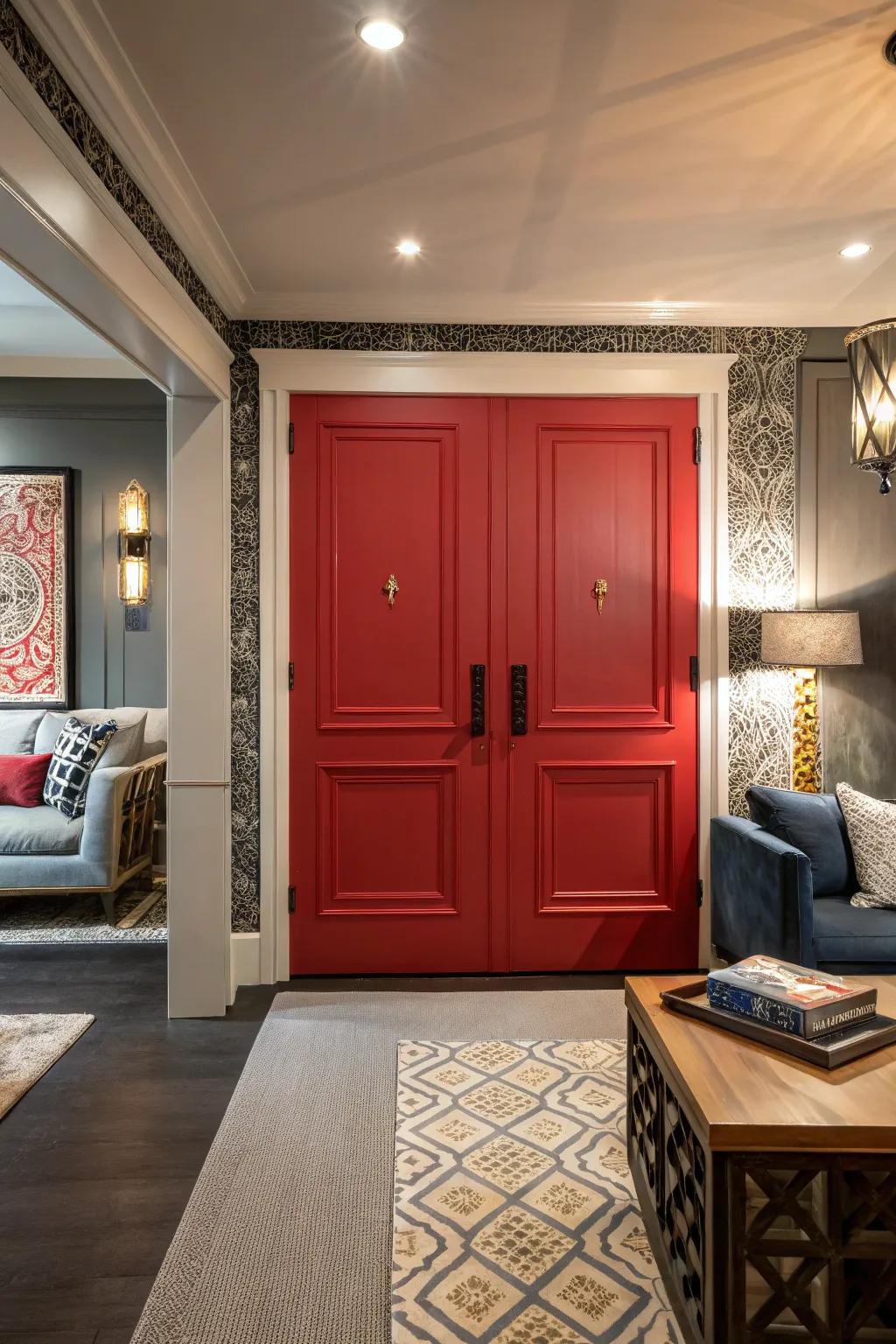 Panel doors with a modern twist add a splash of color.