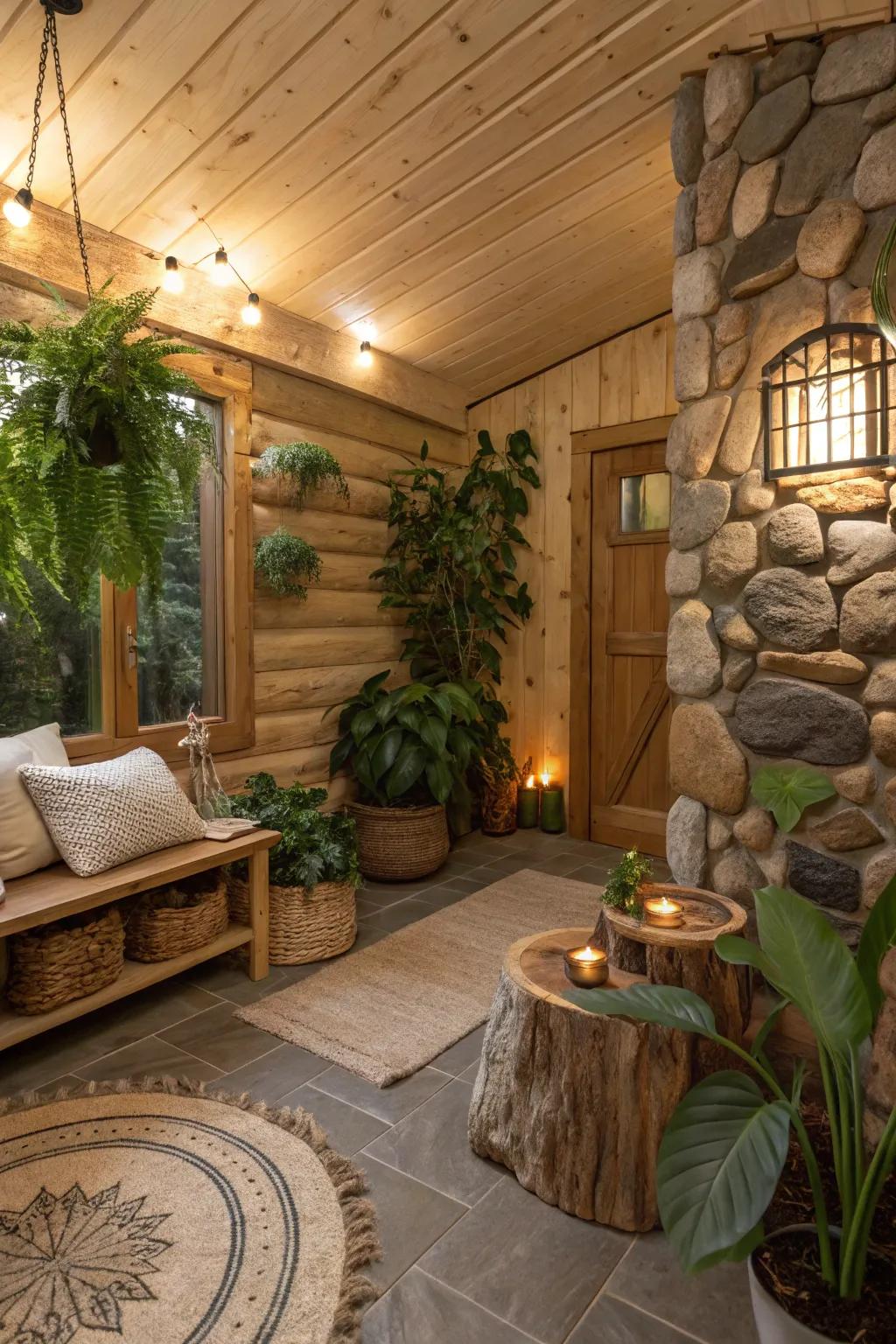 A nature-inspired relaxation room featuring earthy shades and natural materials.