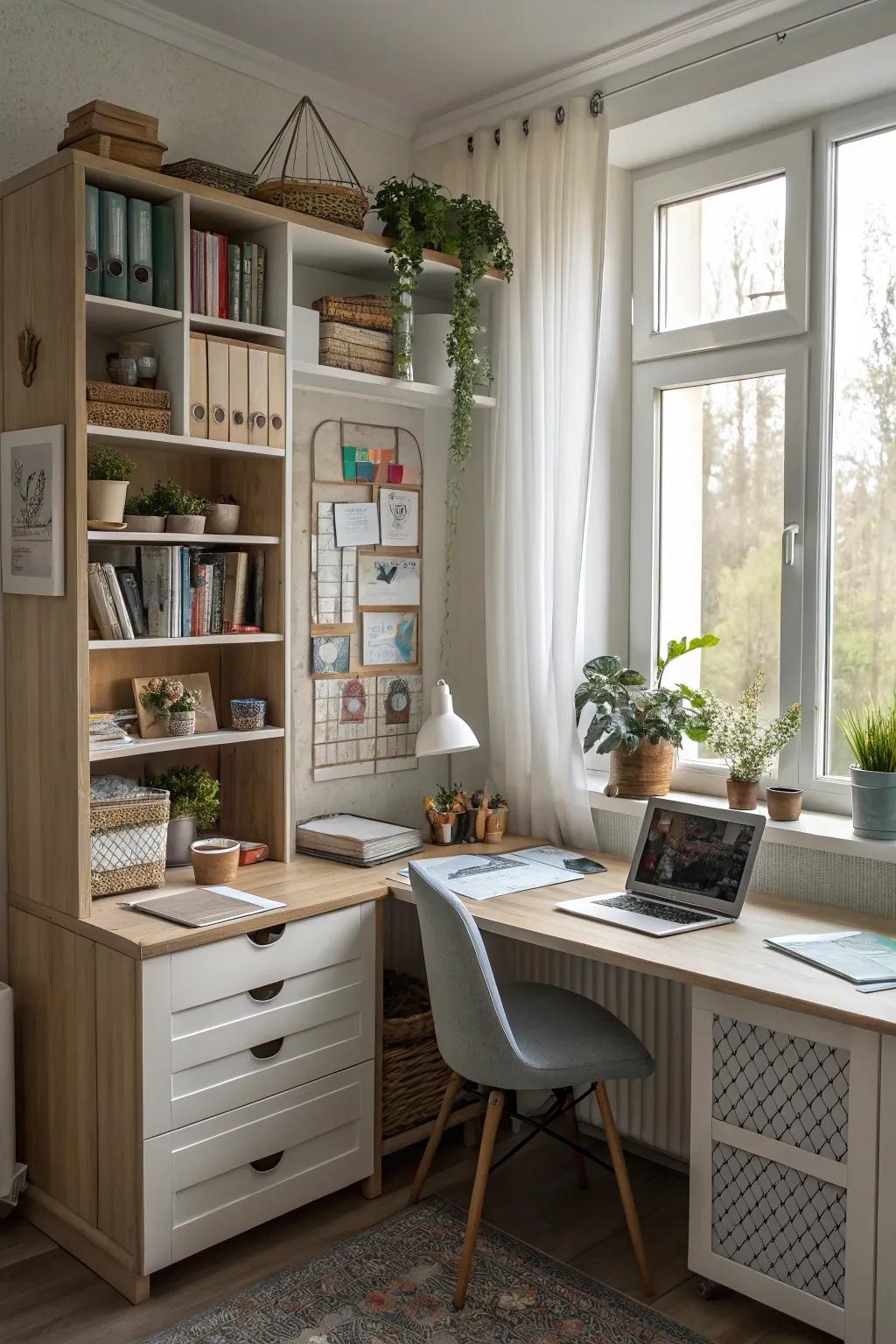 Integrated storage keeps the workspace organized and tidy.