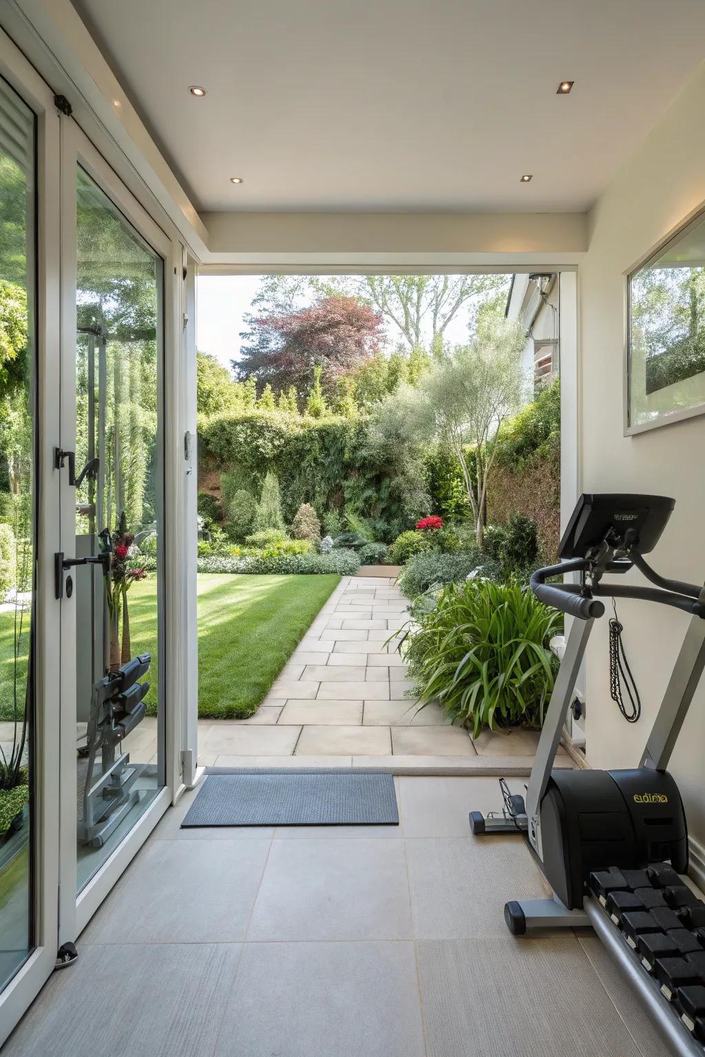 A private gym that easily integrates into a garden, building a harmonious indoor-outdoor workout experience.